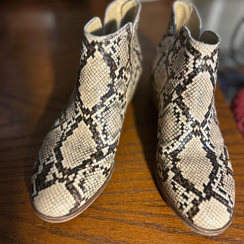 Cream and Black Ankle Booties with Snakeskin Pattern